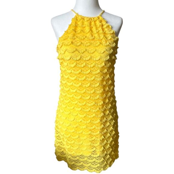 Max Studio Bohemian Yellow Fringe Scalloped Trim Halter Mini Dress Size XS - Picture 1 of 11
